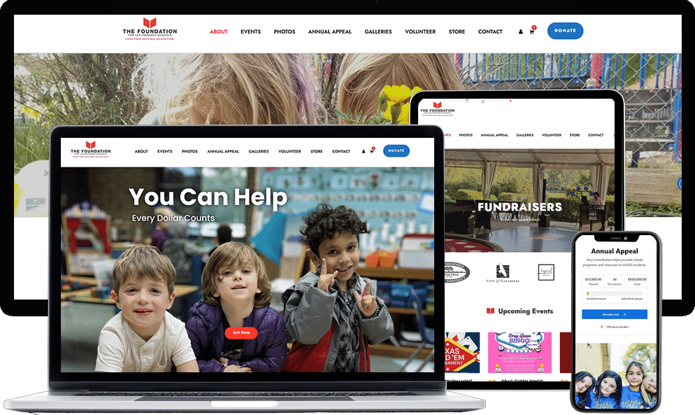 Screenshot of The Foundation LVUSD website redesigned by Dreem Websites featuring modern layout, donation options, and event ticketing.