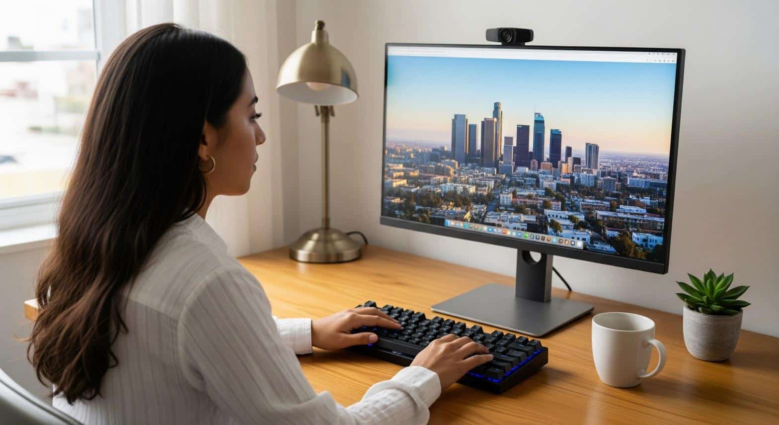 Los Angeles business owner maintaining her custom website design on a desktop computer