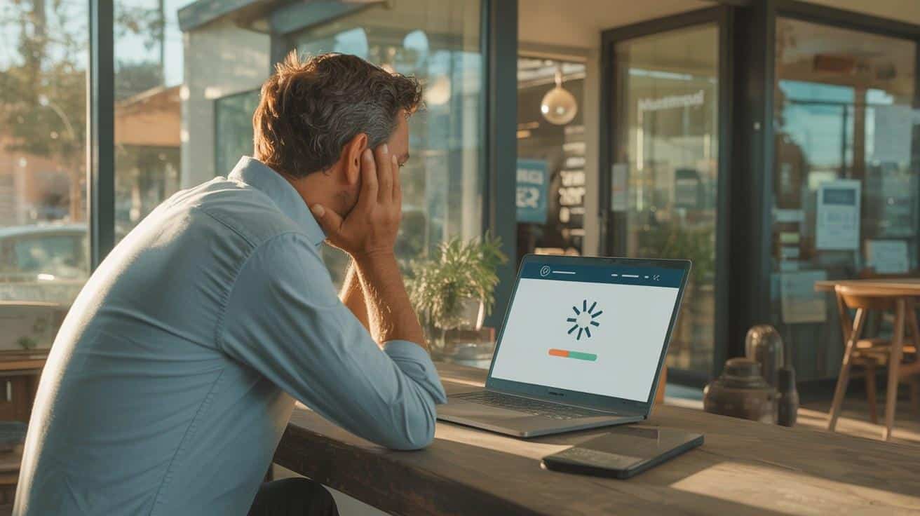 Small business owner in Agoura Hills frustrated by slow outdated website on laptop
