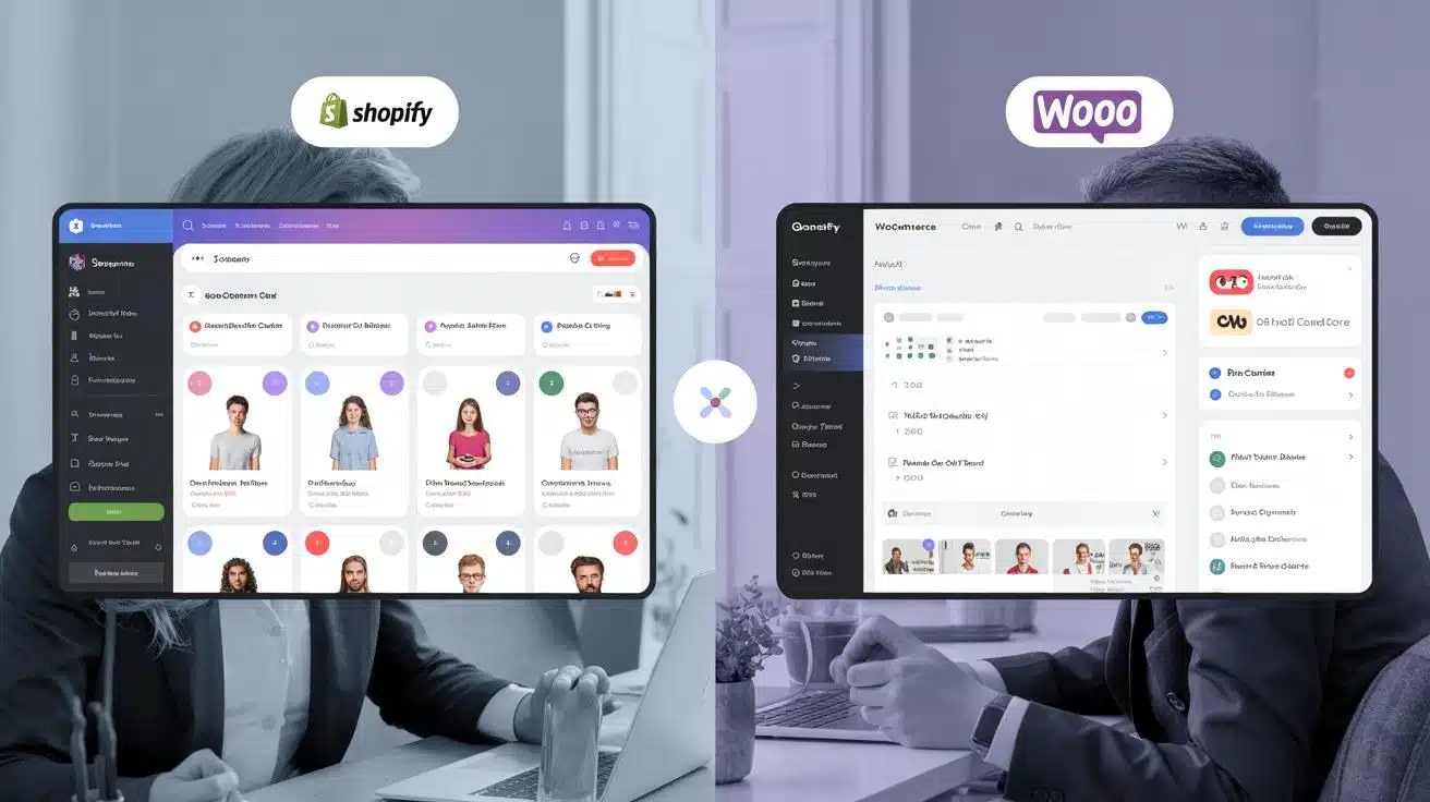 Shopify vs WooCommerce platform comparison dashboard illustration for small business e-commerce in 2026