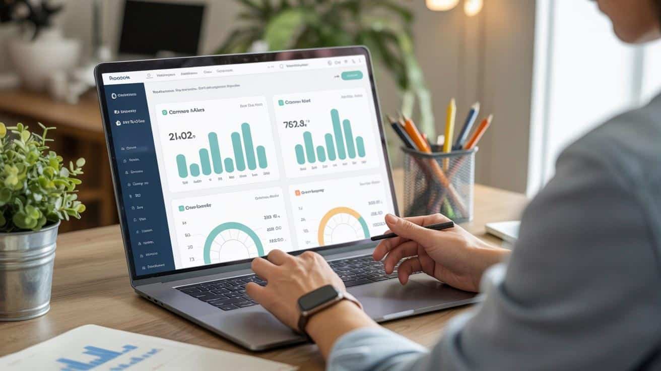Small business owner reviewing e-commerce platform performance metrics for Shopify or WooCommerce store build