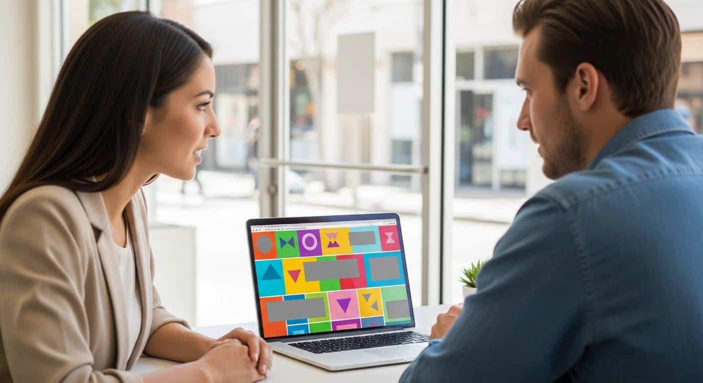 Small business owner and web designer reviewing a website layout in Agoura Hills