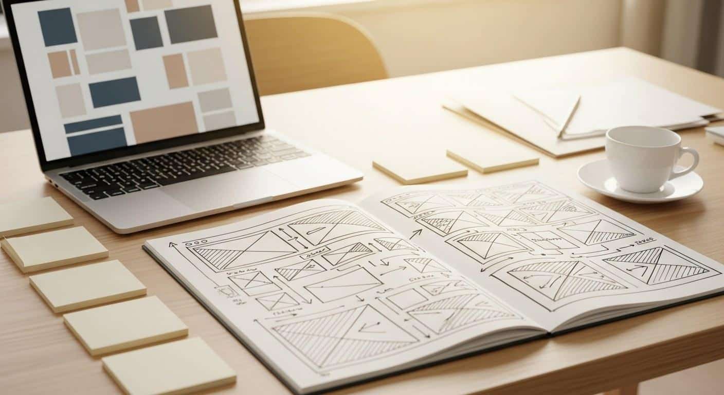 Web design discovery and planning phase with sitemap sketch and wireframes for a small business