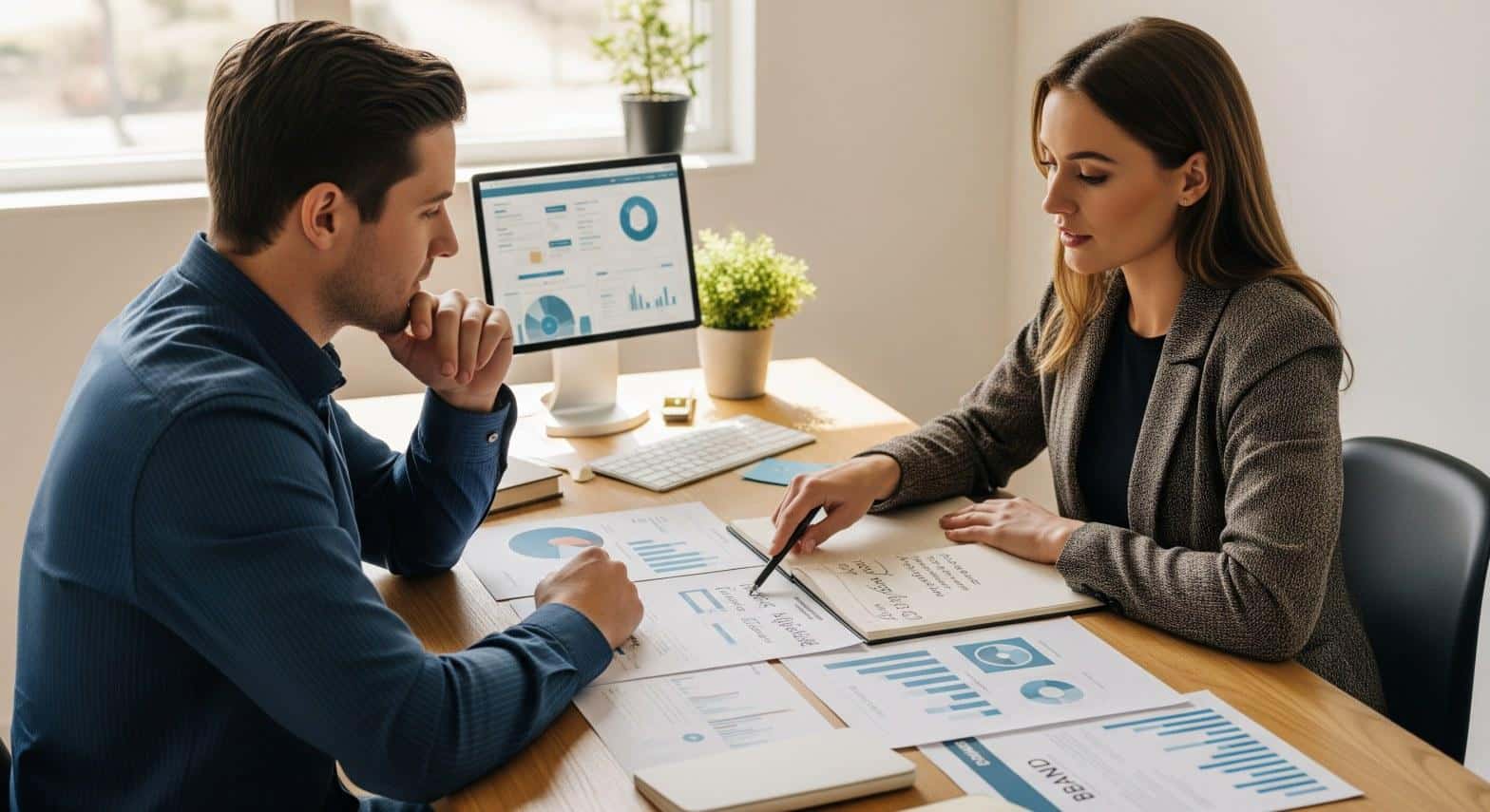 Small business owner and web designer reviewing brand goals during discovery meeting in Agoura Hills