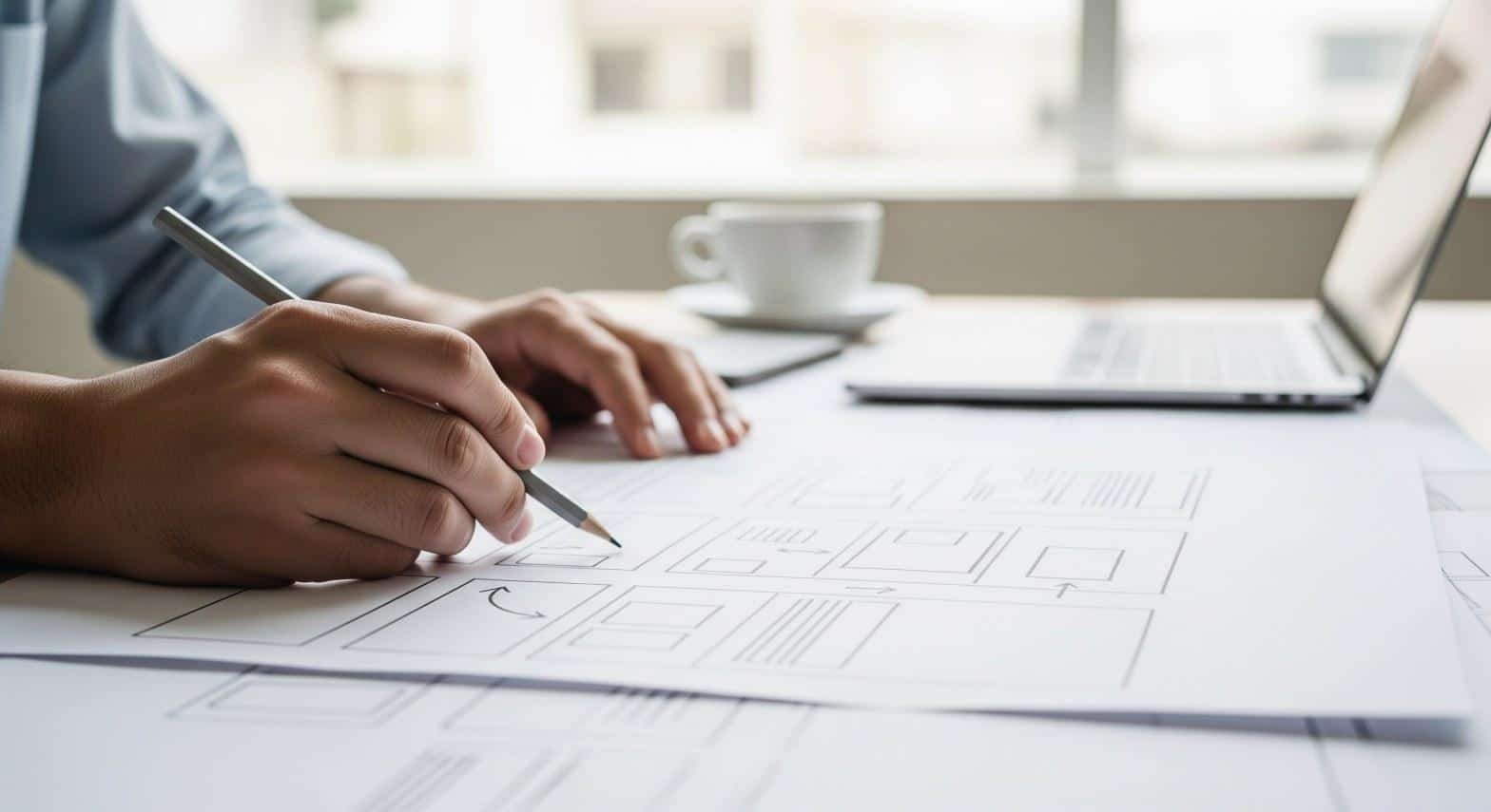 Web designer sketching a wireframe layout for a small business website in Agoura Hills