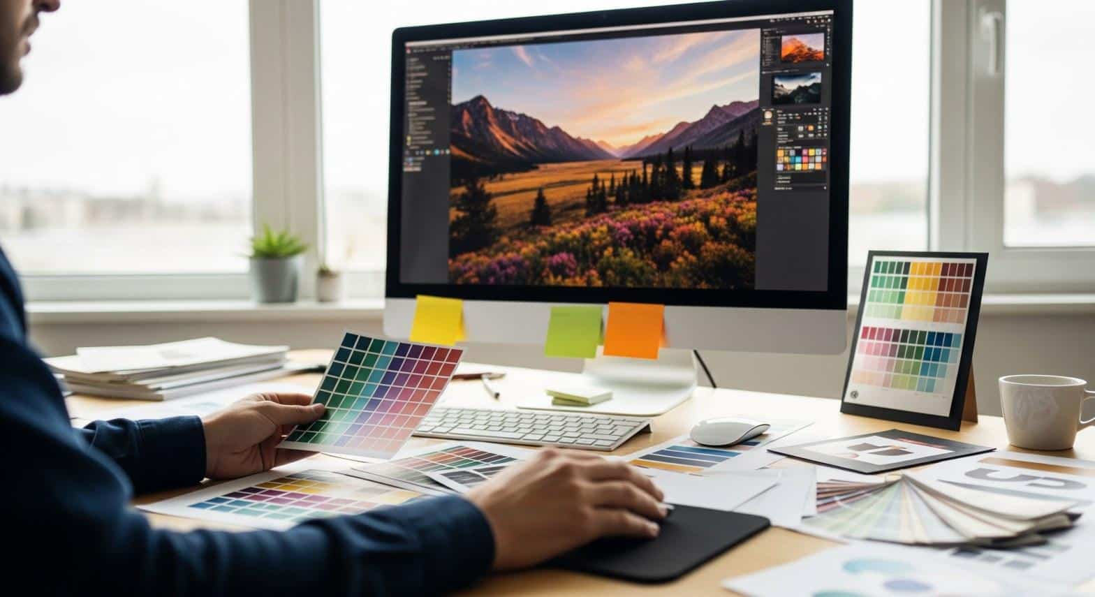 Web designer reviewing brand color swatches and typography for a small business website design project