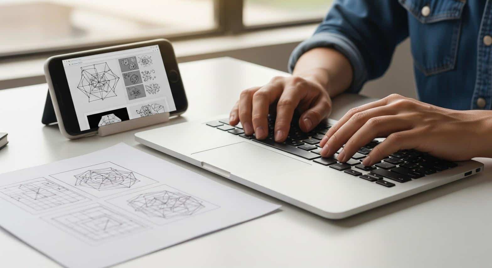 Web designer building an e-commerce store layout with mobile and desktop views