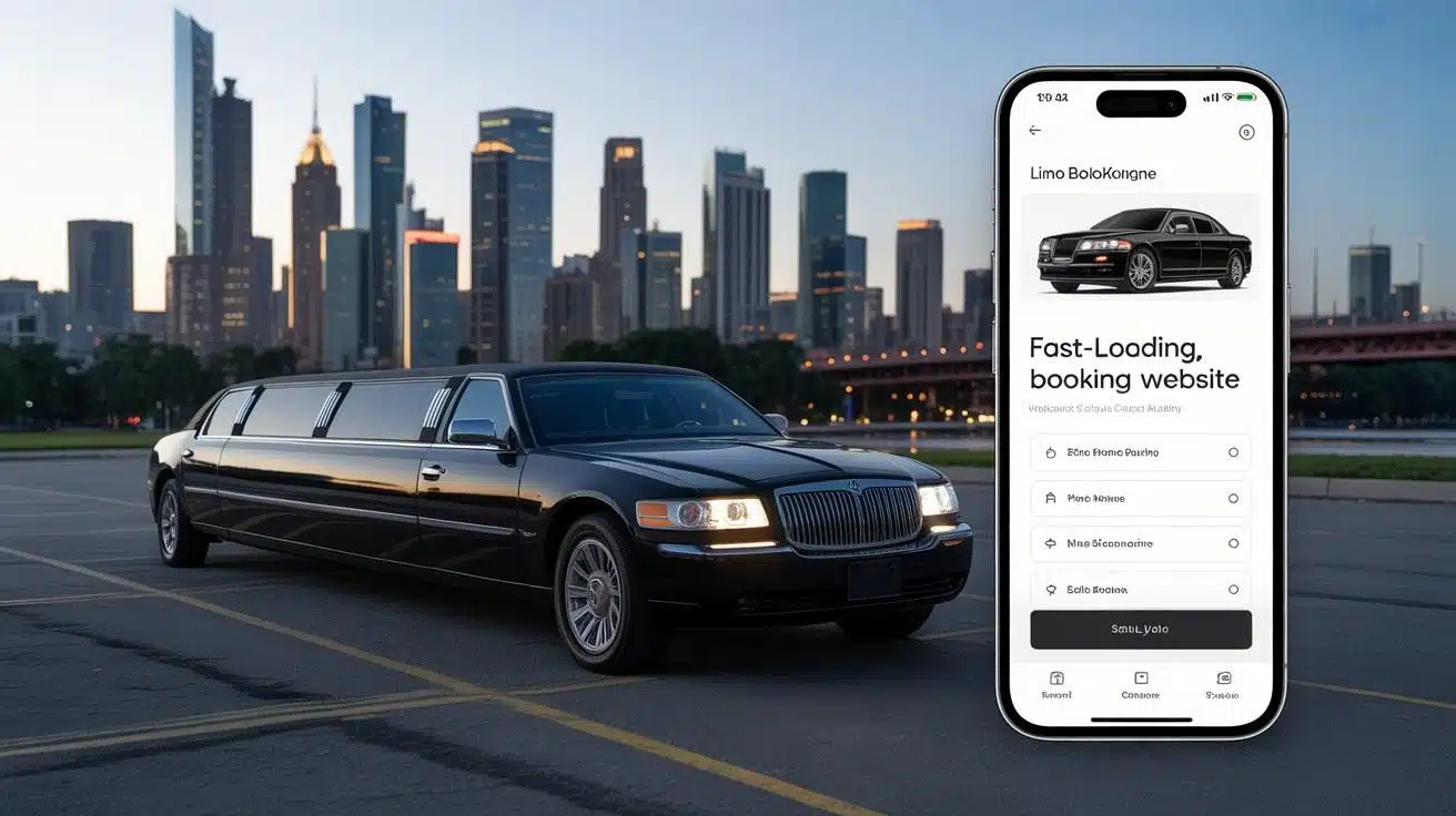 Mobile-optimized limousine booking website displayed on smartphone with black limo in background