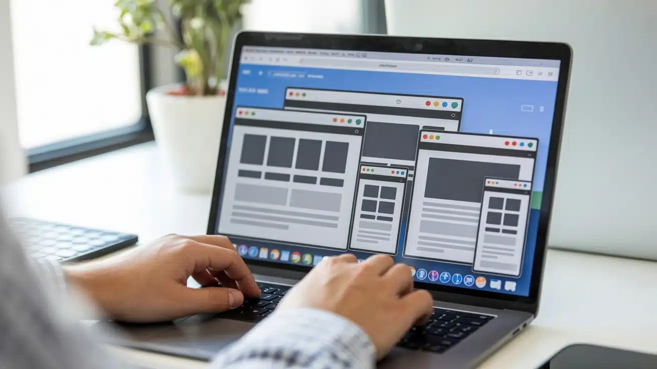 Responsive web design layouts shown across desktop tablet and mobile screen sizes for a service business website