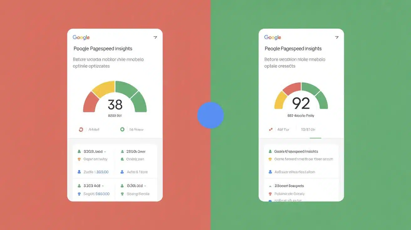Before and after Google PageSpeed Insights mobile scores showing improvement from mobile optimization
