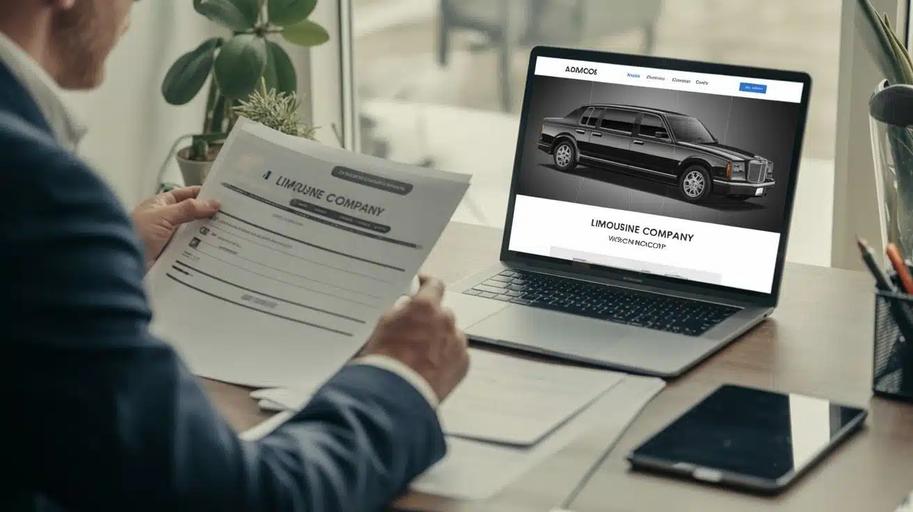 Business owner reviewing limousine website design proposal and mobile optimization project pricing