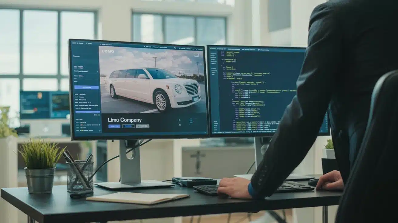 Web developer testing limousine website mobile optimization across multiple device sizes in agency workspace