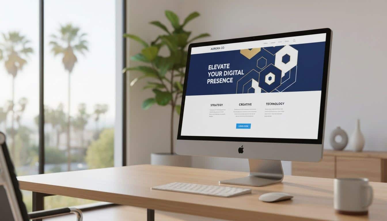 Custom website design displayed on a desktop monitor in a Calabasas office setting