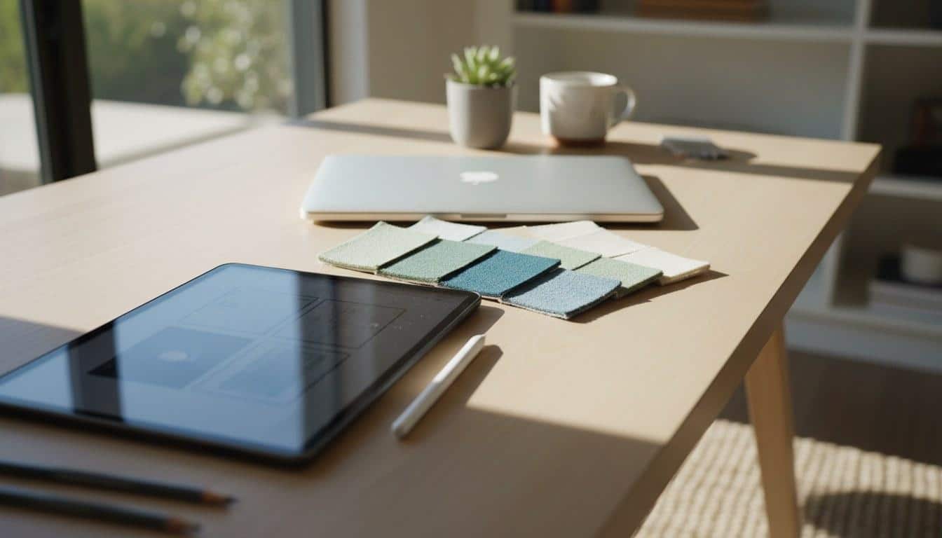 Website design planning materials including wireframe sketchbook and laptop for a Calabasas web project
