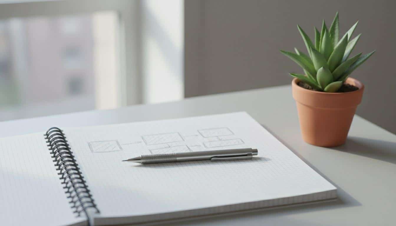 PPC campaign structure planning notebook with keyword grouping diagram