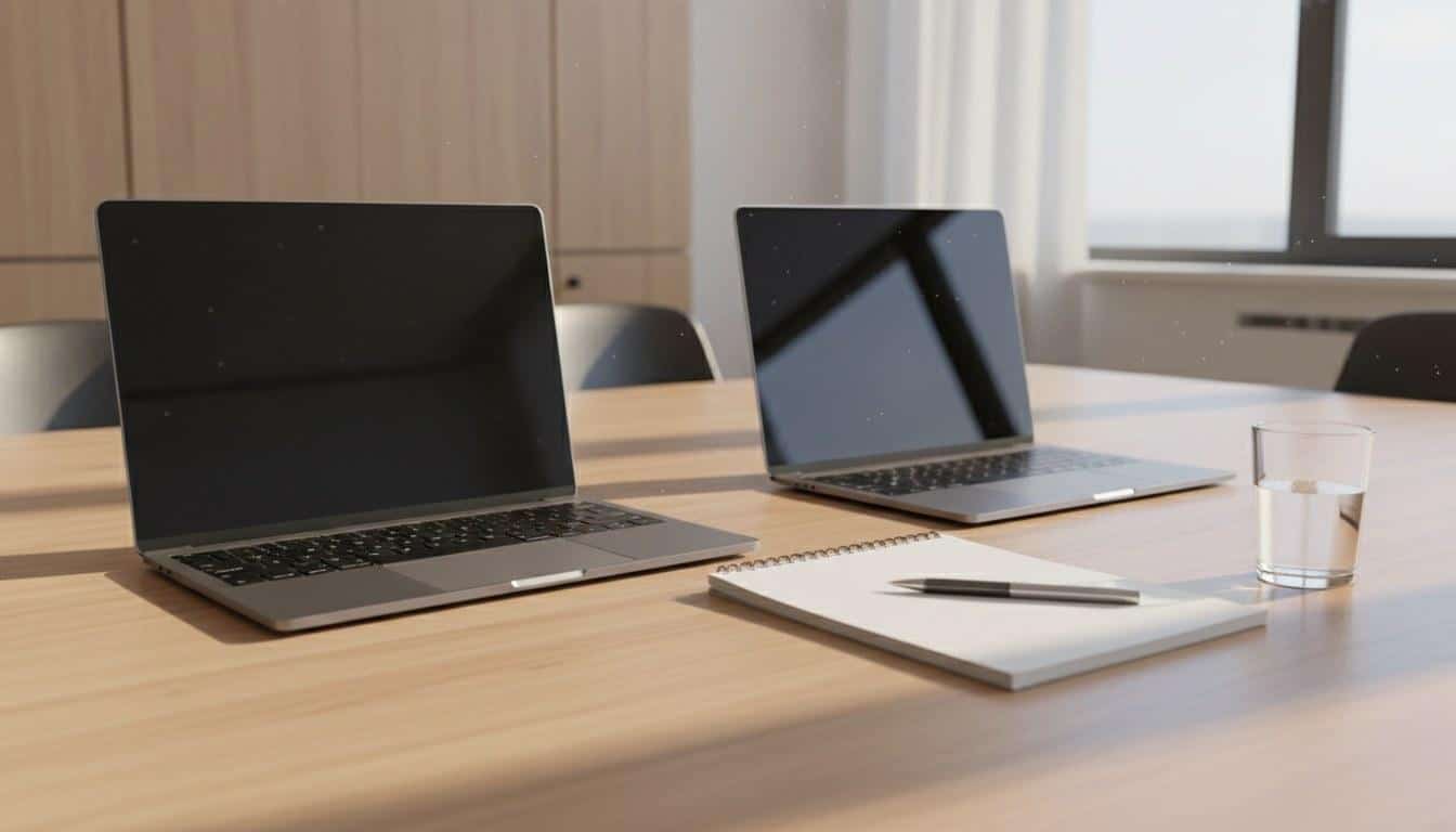 Side-by-side website comparison setup on a conference table in Calabasas