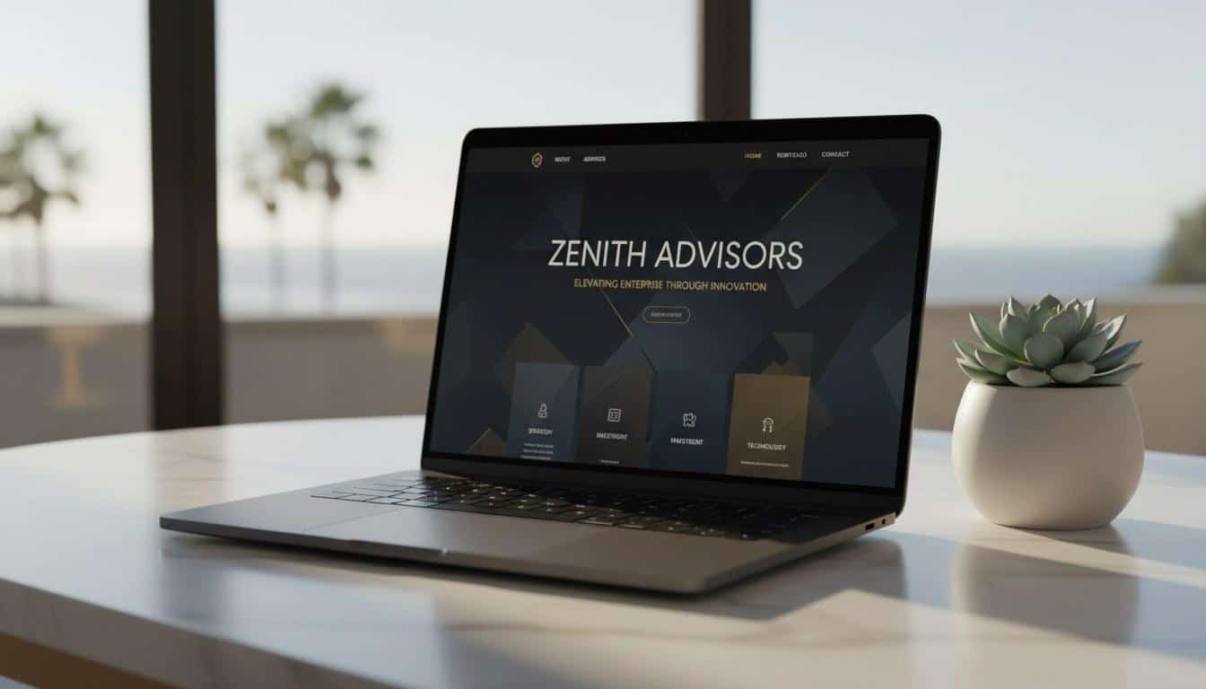 Custom website design Malibu displayed on a laptop on a marble desk with coastal light