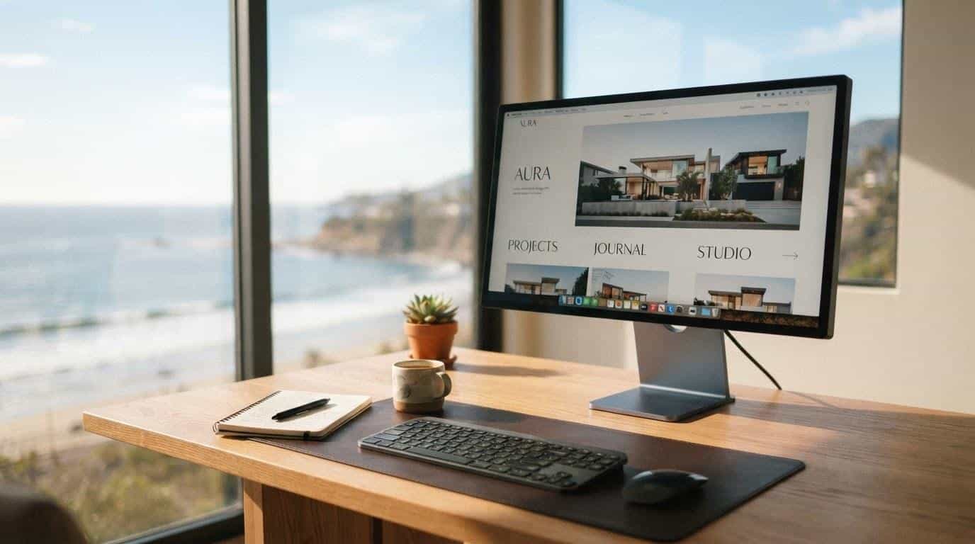 Custom website design displayed on a desktop monitor in a Malibu business office