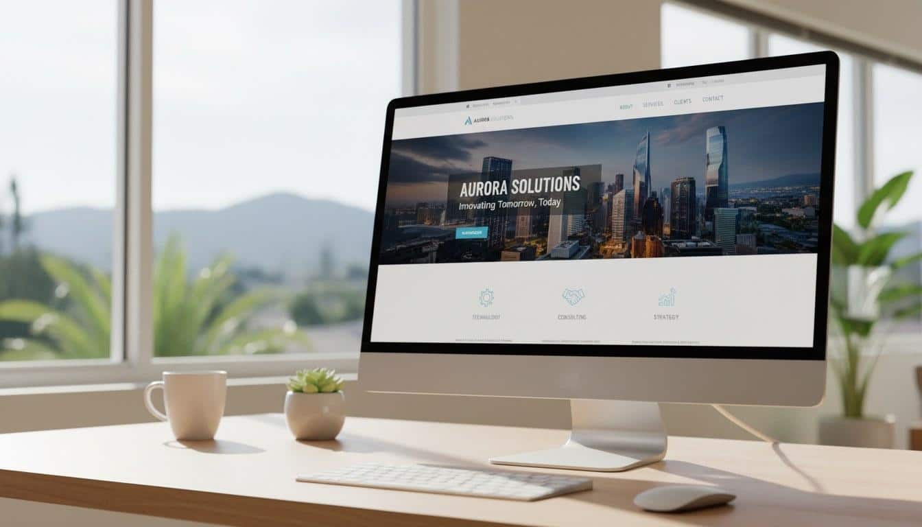 Custom website design displayed on a desktop monitor in a Calabasas business office
