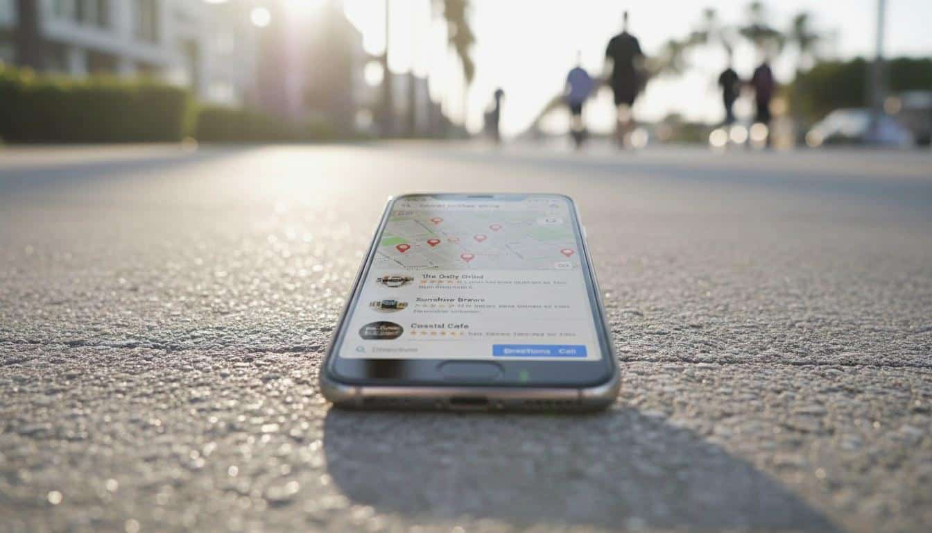 Local search results on a smartphone showing Calabasas business listings after custom web design