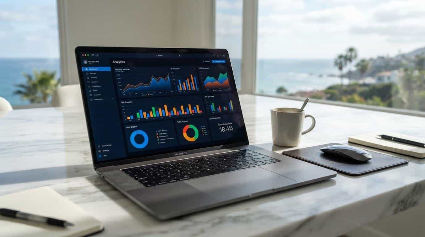 Custom website analytics dashboard open on a laptop in a Malibu luxury office