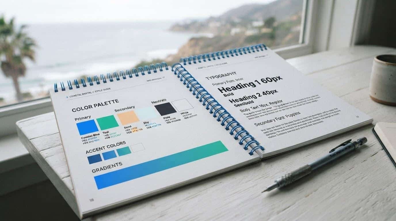 Custom website brand style guide open on a desk in a Malibu design studio