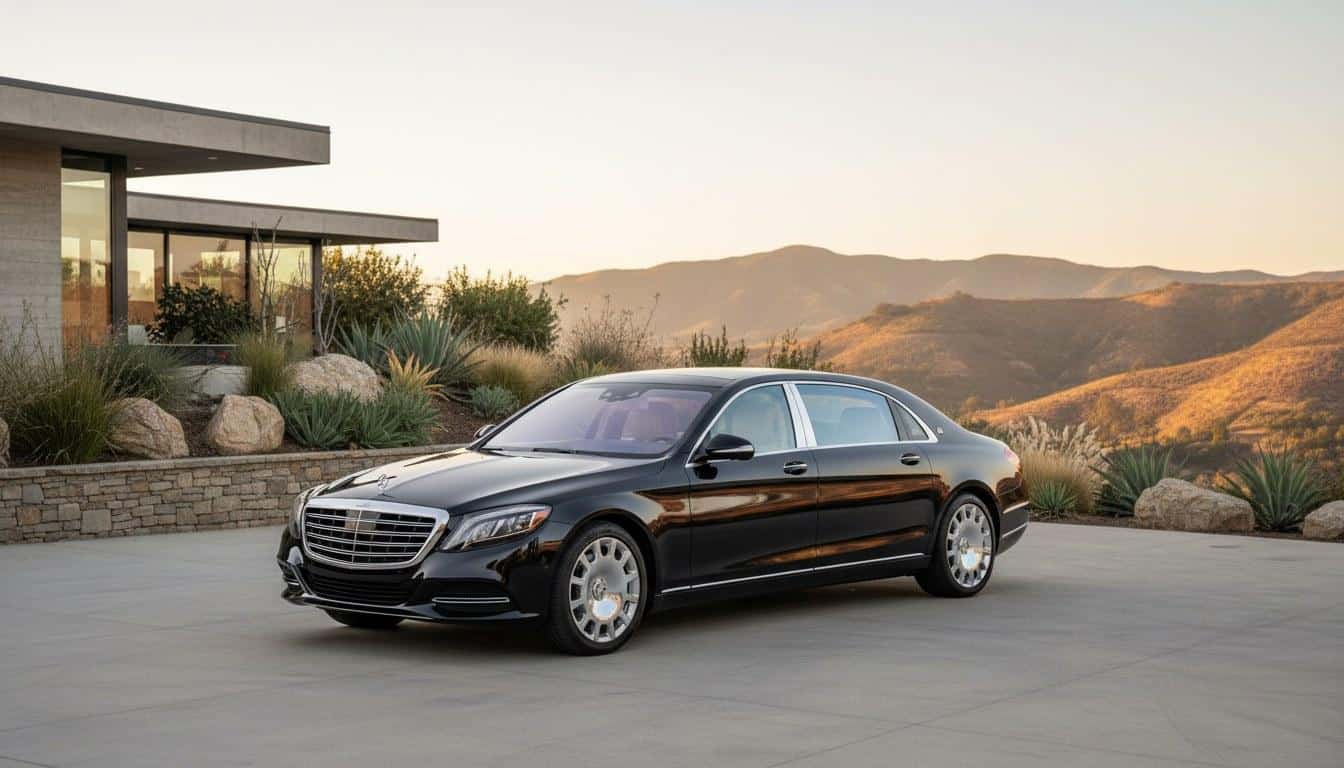 Black luxury sedan outside a modern Calabasas home