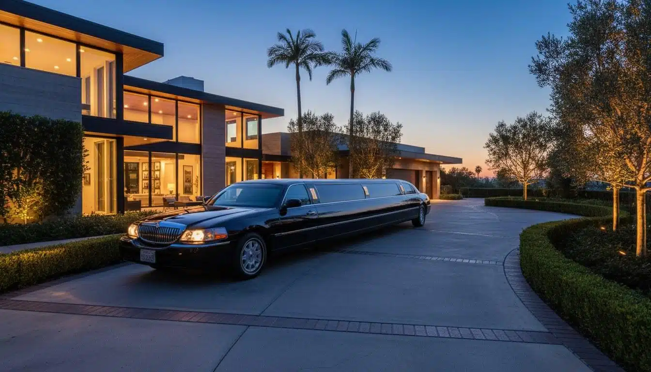 Black stretch limousine on a Calabasas driveway at dusk