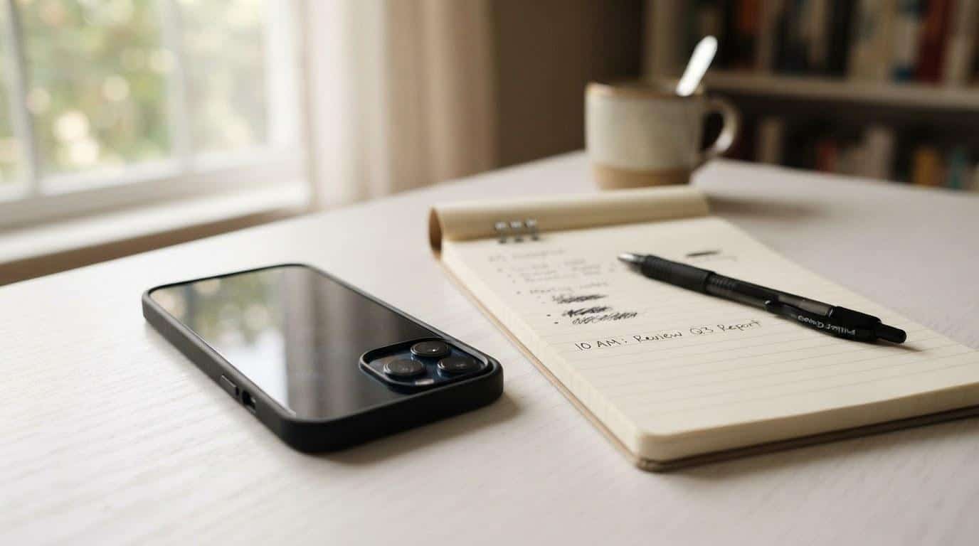 Smartphone and notepad on a desk representing mobile SEO check for a Thousand Oaks business website