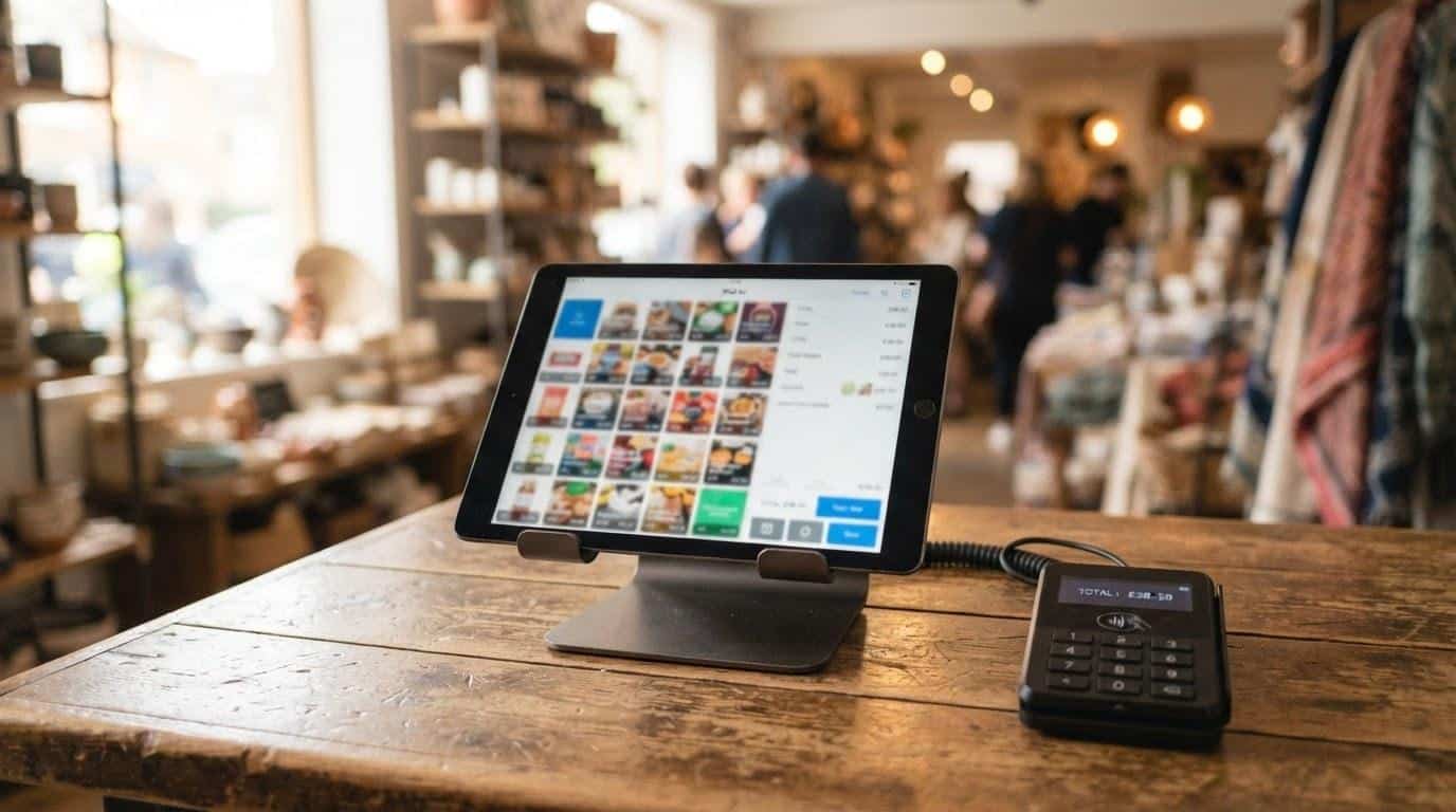 Tablet displaying an online store product grid on a retail counter in Agoura Hills