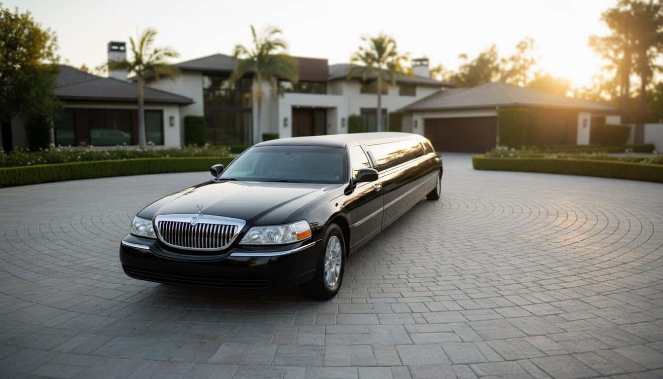 Black stretch limousine parked at a Calabasas estate driveway ready for a booking