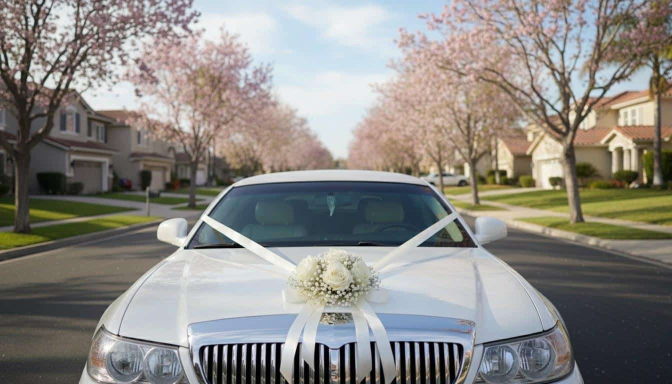 White wedding limousine decorated for a Calabasas wedding occasion booking