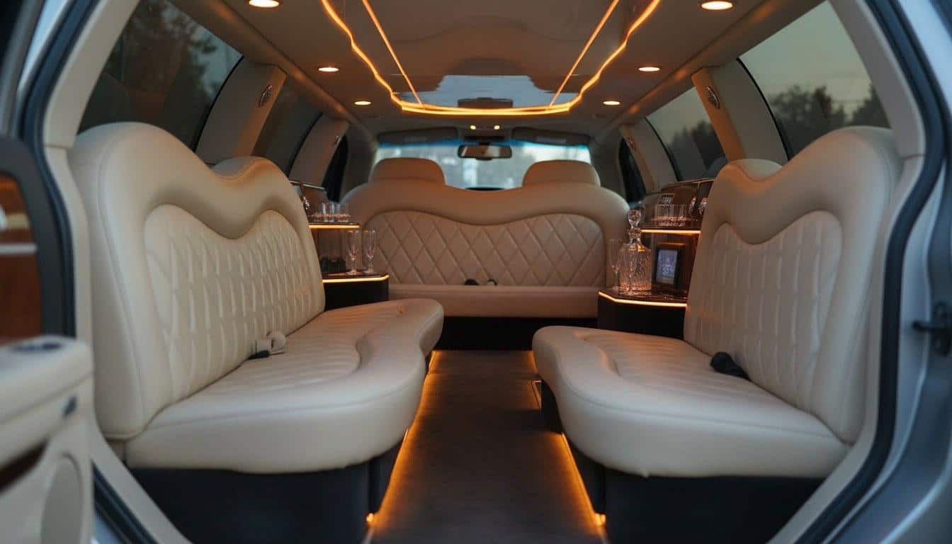 Interior of a luxury limousine cabin in Calabasas showing leather seating and ambient lighting