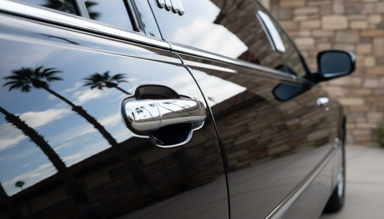 Close-up of a limousine chrome door handle outside a Calabasas property