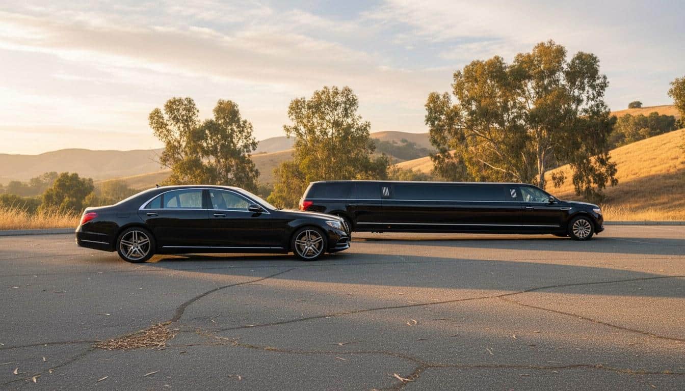 Black executive sedan and stretch limousine parked together in Calabasas representing a limo service fleet