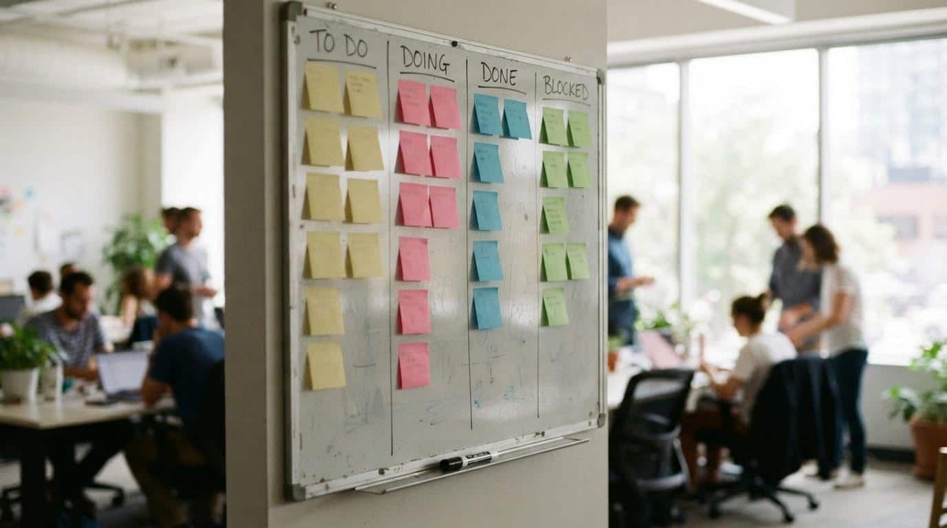 Sticky note planning board representing social media strategy workflow for a Calabasas marketing agency
