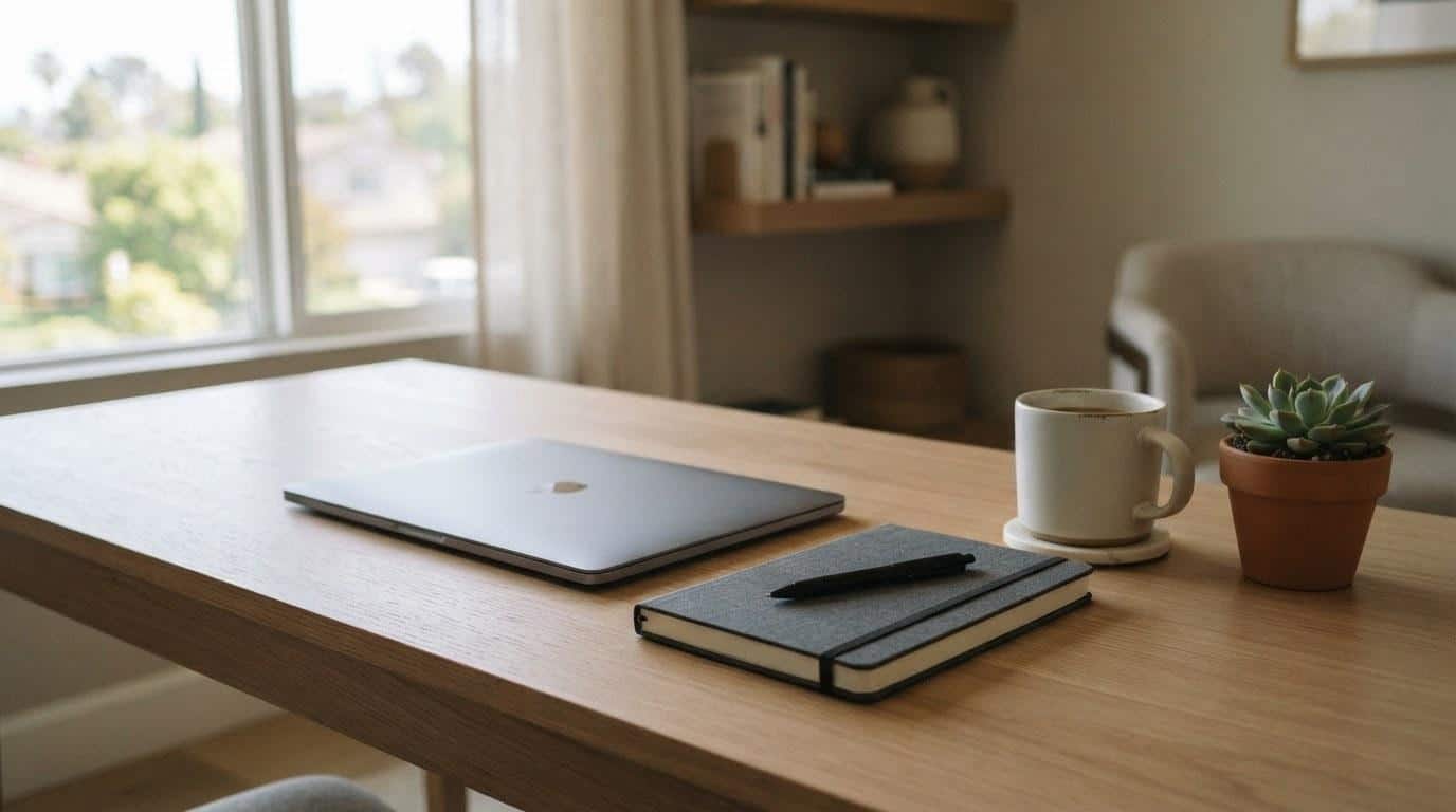 Brand identity and social media planning materials laid out for a Calabasas business marketing project