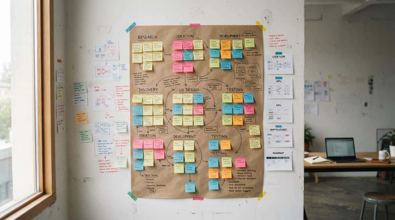 Brand strategy mapping exercise with sticky notes and diagrams on a studio wall