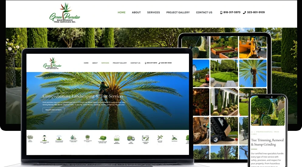 Green Paradise Maintenance Tree Services landscaping and tree care website designed by Dreem Websites, shown on laptop, tablet and phone