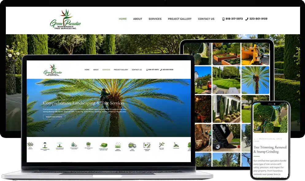 Green Paradise Maintenance Tree Services landscaping and tree care website designed by Dreem Websites, shown on laptop, tablet and phone