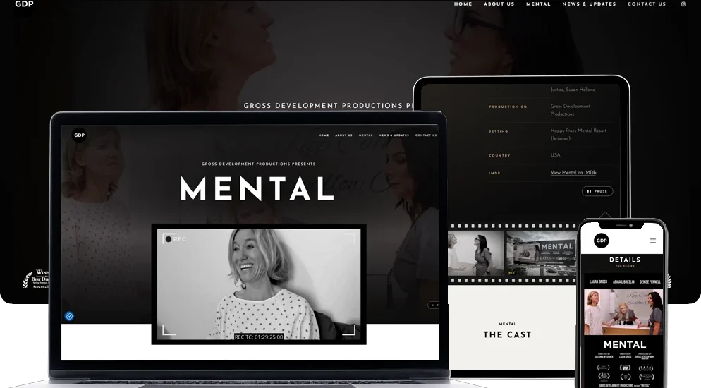 Gross Development Productions film production company website designed by Dreem Websites, shown on laptop, tablet and phone featuring the MENTAL series page
