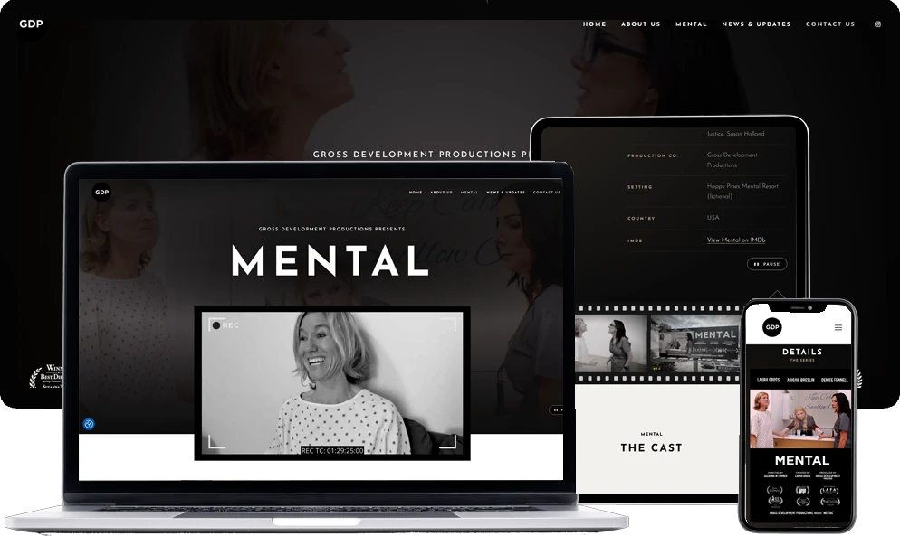 Gross Development Productions film production company website designed by Dreem Websites, shown on laptop, tablet and phone featuring the MENTAL series page