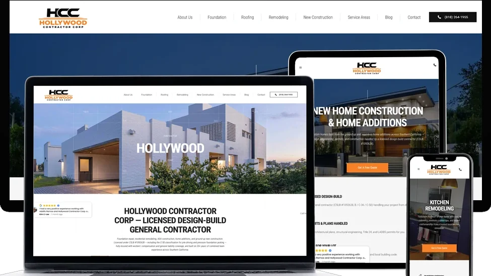 Hollywood Contractor Corp general contractor website designed by Dreem Websites, shown on laptop, tablet and phone
