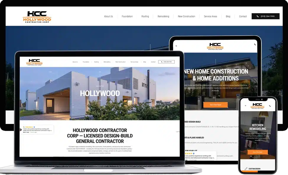Hollywood Contractor Corp general contractor website designed by Dreem Websites, shown on laptop, tablet and phone