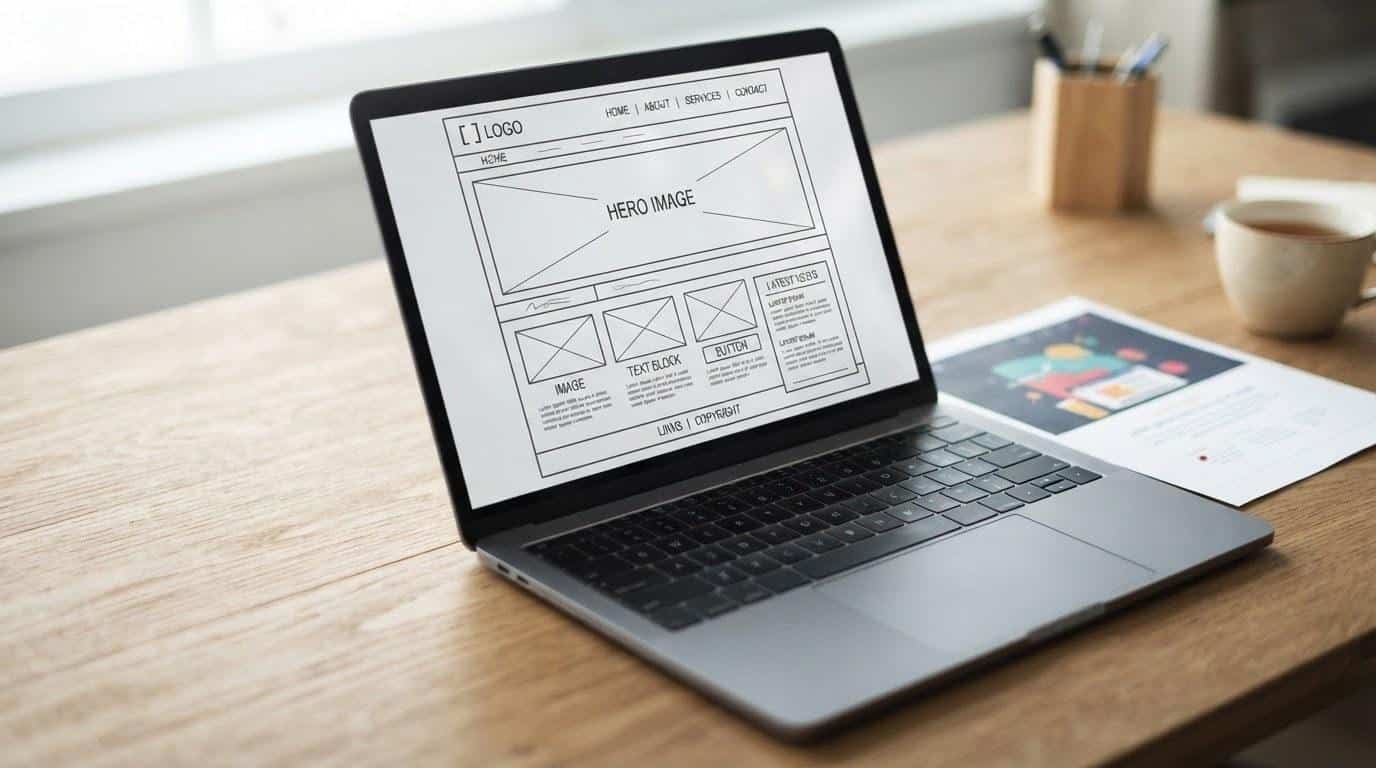 Website design wireframe layout on a laptop for a Calabasas custom web project