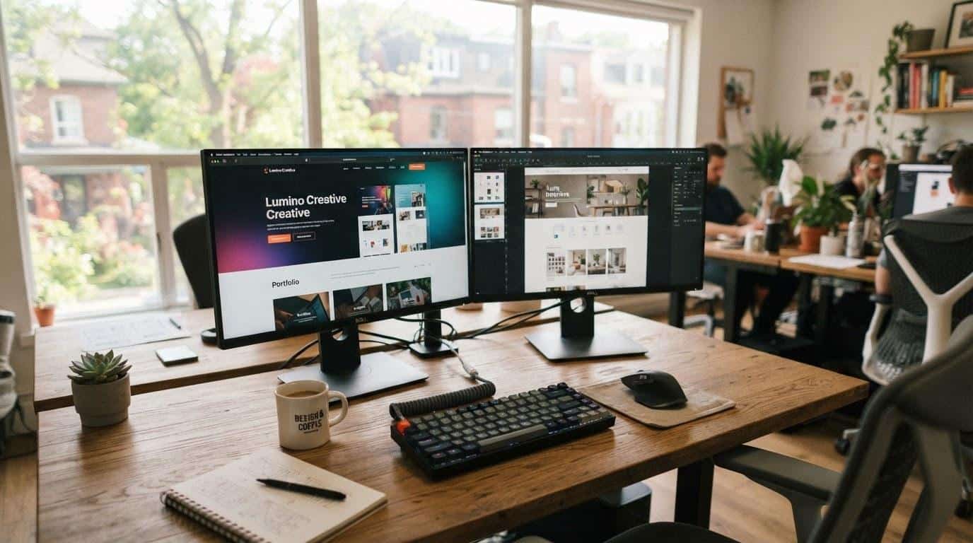 Dual-monitor web design workstation used for custom website projects in Calabasas