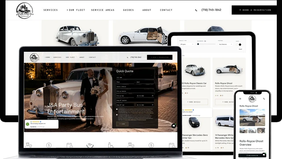 J&A Party Bus Entertainment limo and party bus website redesign by Dreem Websites, shown on laptop, tablet and phone