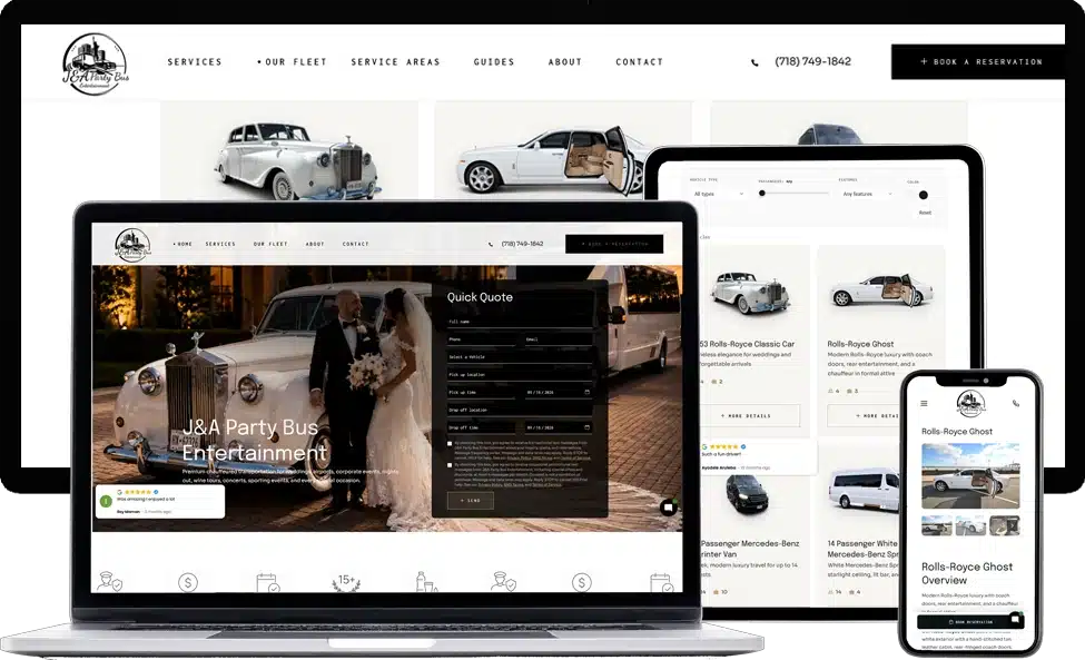 J&A Party Bus Entertainment limo and party bus website redesign by Dreem Websites, shown on laptop, tablet and phone