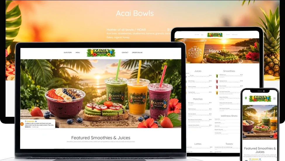 Kaizen Wellness smoothie and juice bar website designed by Dreem Websites, shown on laptop, tablet and phone