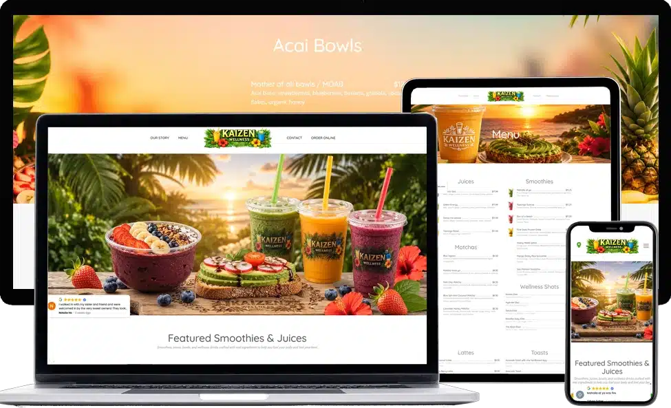 Kaizen Wellness smoothie and juice bar website designed by Dreem Websites, shown on laptop, tablet and phone